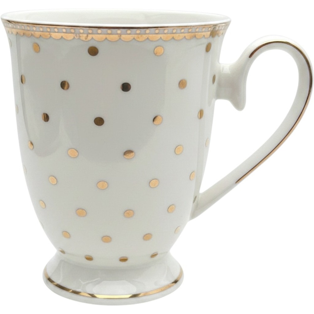 Grace Teaware Fine Porcelain Mug White Gold Metallic Polka Dot Scalloped Rim Cup